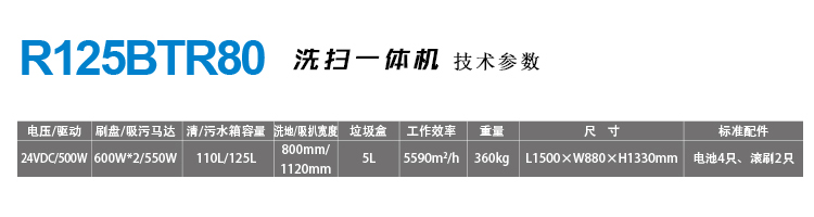 体育场馆塑胶场地用拖地机R125BTR80主要技术参数和配置：专业品质，一流配置 2.1、电瓶：超威/天能免维护。 2.2、吸水马达：阿美德格三层风叶马达，吸力强劲。 2.3、刷盘电机：杭州恒叶。 2.4、控制器：科蒂斯，美国进口品牌。 2.5、驱动电机：汇隆，法国进口电子元件。 2.6、地刷：马利希 美国进口品牌。 2.7、胶条：美特威斯特，美国进口品牌。 2.8、吸污管、排污管：索特，德国进口。